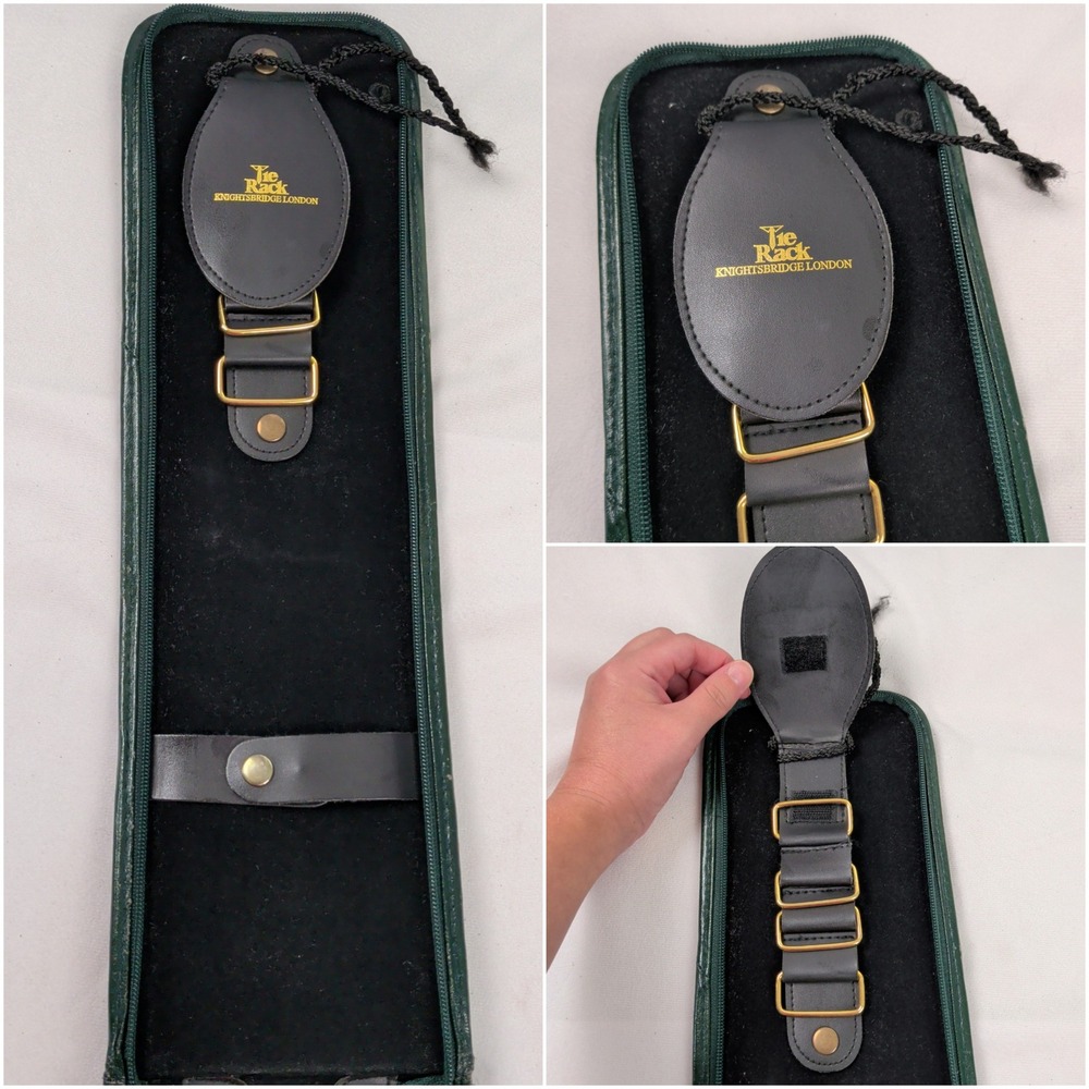 Tie Rack London Vintage Black Faux Leather Travel Tie Case Organizer Green Trim - Picture 9 of 11